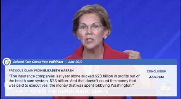 Squash works by detecting politicians' claims and matching them with related fact-checks. (Screengrab from Democratic debate)